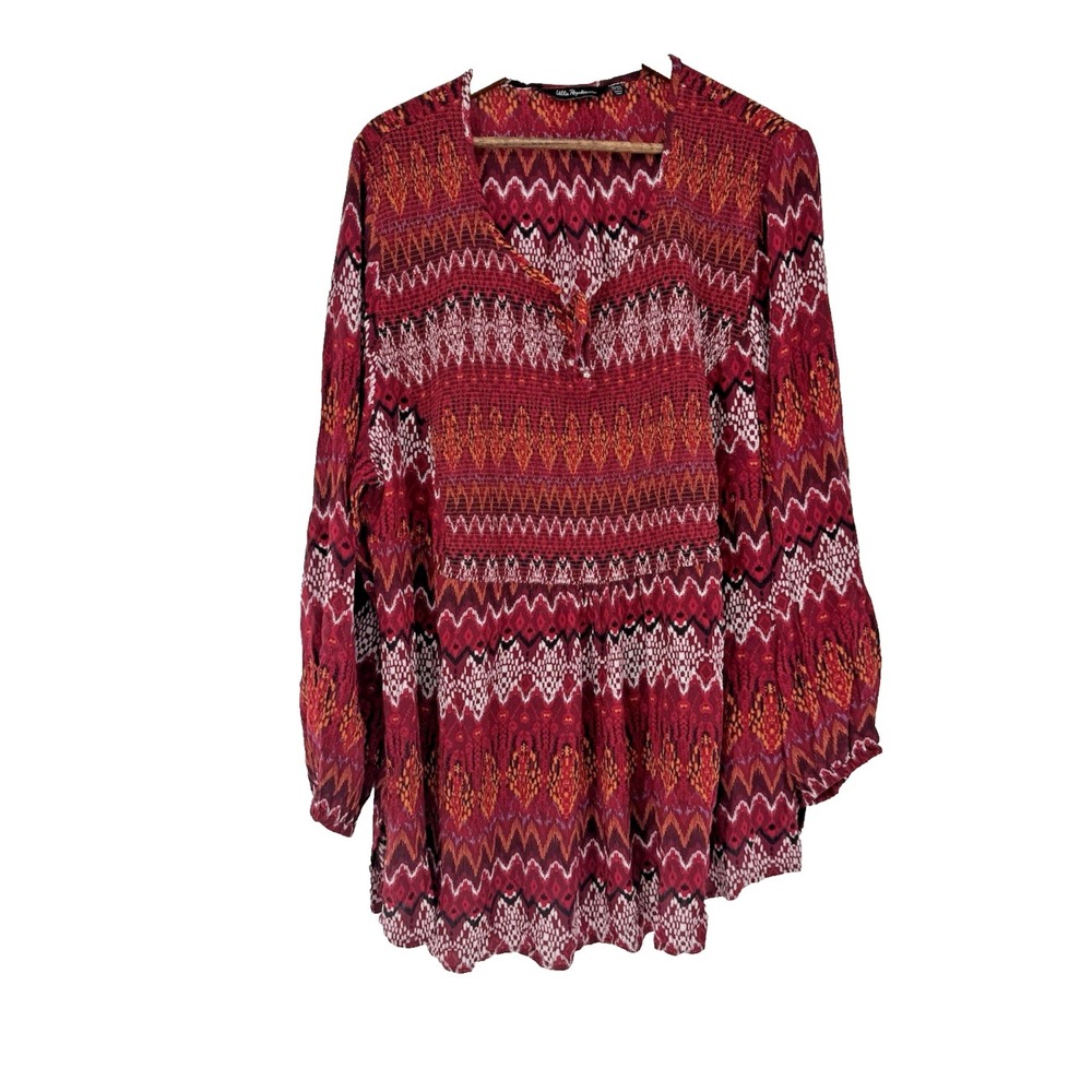 Ulla Popken maroon stretch Knit Tunic Top plus 22 peasant sleeve boho smocked